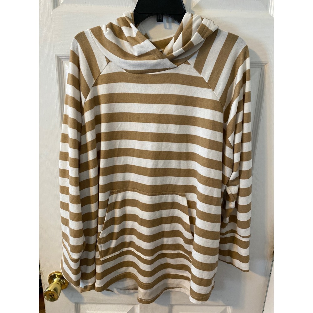 LuLaRoe Amber Hoodie Sweatshirt 3XL Tan White Striped Long Sleeve Pullover